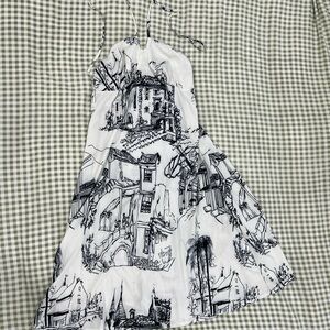 Midi white and black tie neck dress with toile coquette pattern